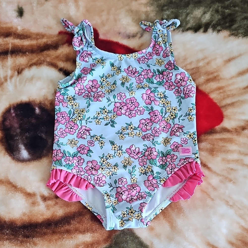 Ruffle Butts White Floral One-Piece Swimsuit with Pink Ruffles